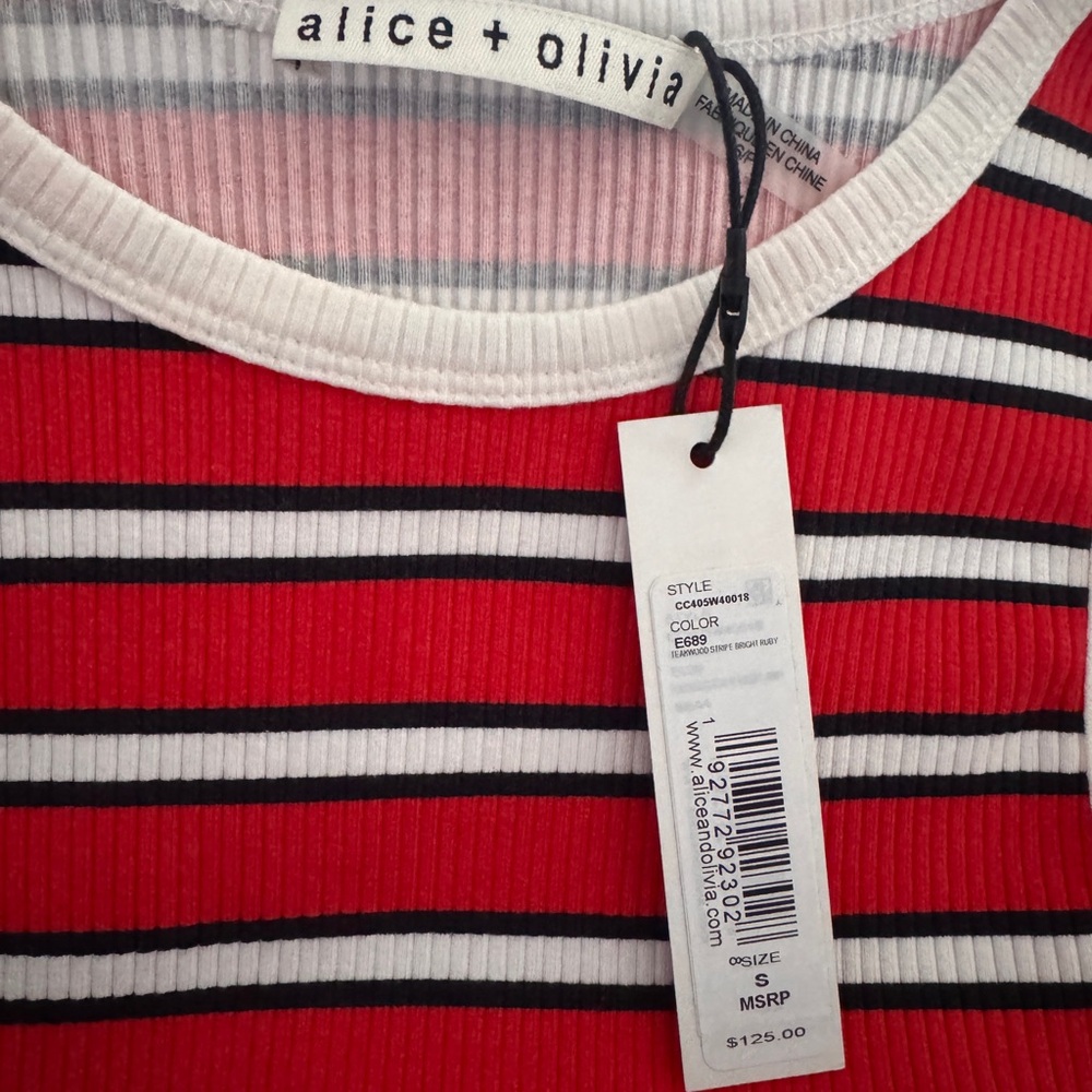 Alice + Olivia Red and Black Striped Ribbed Tank with Cream Trim - Picture 4 of 4